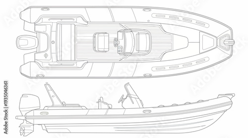 Rigid Inflatable Boat RIB Technical Drawing with Top and Side View Elevations