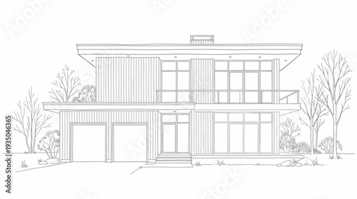Modern Two-Story Residential House Exterior Architectural Line Art Elevation