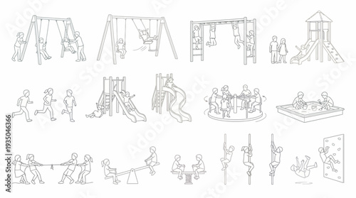 Children Playing on Playground Equipment Vector Line Art Set for Park and School Design