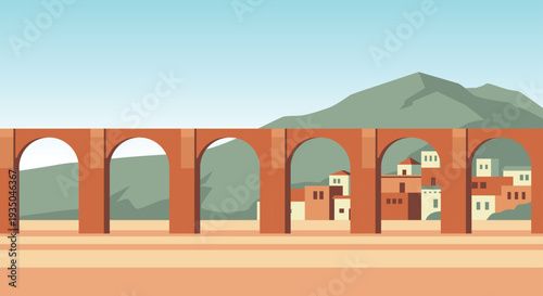 Ancient Aqueduct in Desert Town Landscape Vector Illustration