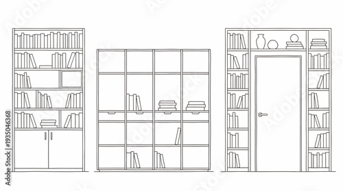 Library Bookshelf and Storage Cabinet Elevations for Interior Wall Design
