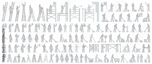 Construction Worker and Handyman Silhouette Set with Ladders and Scaffolding