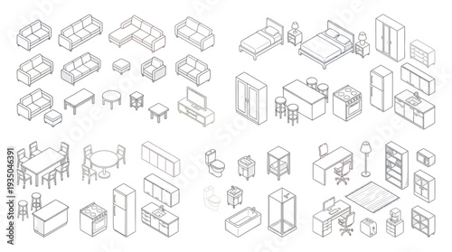 Isometric Interior Furniture Vector Set for Home and Office Room Layout Design