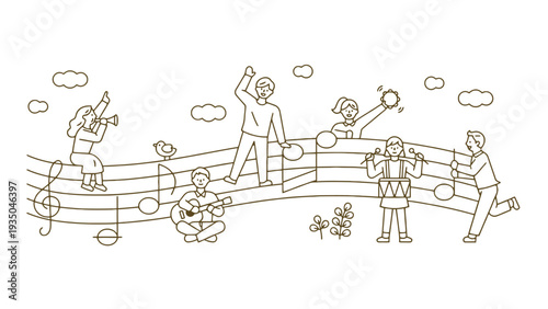 Music illustration of people playing various instruments together happily