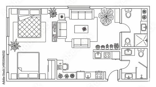 Modern Studio Apartment Floor Plan Layout, Architectural Interior Design with Bedroom Living Area Kitchen and Bathroom Line Art
