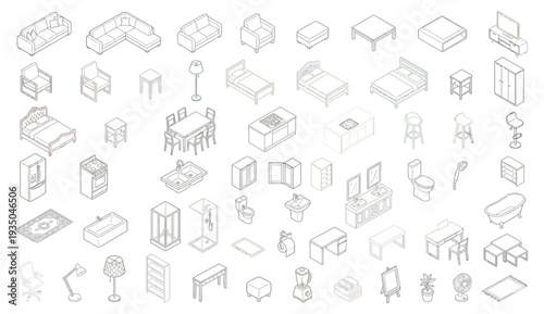 Large Set of Isometric Furniture and Home Fixture Icons, Hand Drawn Line Art Symbols for Interior Design Layouts and 3D Floor Plans