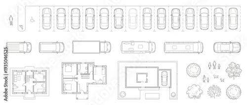 Architectural Site Plan Elements Set, Vector Residential House Layouts with Parking Lot Design and Vehicle Icons in Top View Line Art