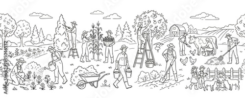 Hand Drawn Agricultural Farming Scene Line Art, Farmers Working in Organic Garden with Livestock Crops and Orchard Illustration