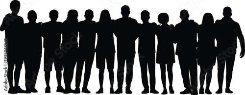 Group of people standing together silhouettes, diverse community teamwork concept, friends or team unity crowd vector illustration isolated