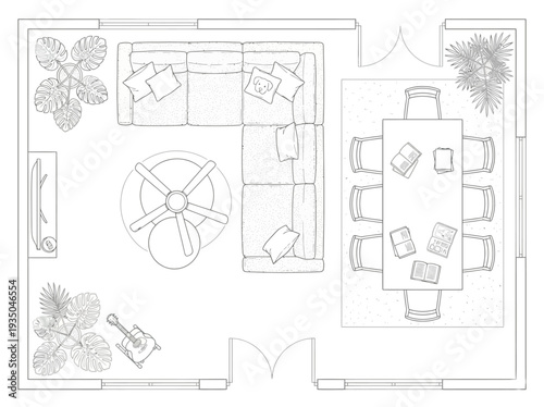Modern Open Plan Living and Dining Room Floor Plan, Architectural Interior Layout with Sectional Sofa Dining Table and Indoor Plants Line Art