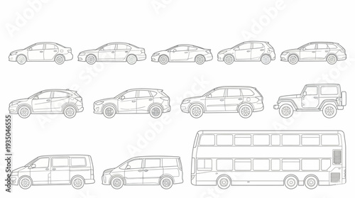 Vector Vehicle Line Art Collection, Set of Side View Car SUV Van and Double Decker Bus Illustrations for Technical Diagrams and Transport Design