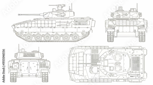 Military Armored Fighting Vehicle Technical Drawing, Multi View Blueprint of Infantry Tank with Turret and Cannon for Game Asset Design