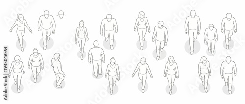Isometric People Walking Collection, Set of Hand Drawn Line Art Figures of Men and Women in Casual Poses for Architectural Visualization