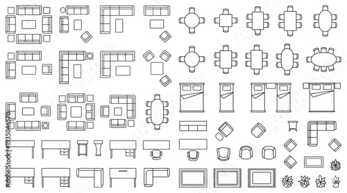Architectural Furniture Symbols Set for Floor Plans, Modern Living Room Dining and Bedroom Interior Design Icons in Top View Line Art