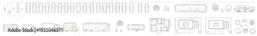 Architectural Site Plan Symbols Set, Vehicle Parking Stall Layouts and Transport Icons Line Art for Urban Planning and Landscape Design