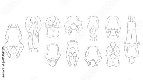 Collection of People Praying and Meditating in Top View, Hand Drawn Line Art of Various Worship Poses and Mindfulness Figures