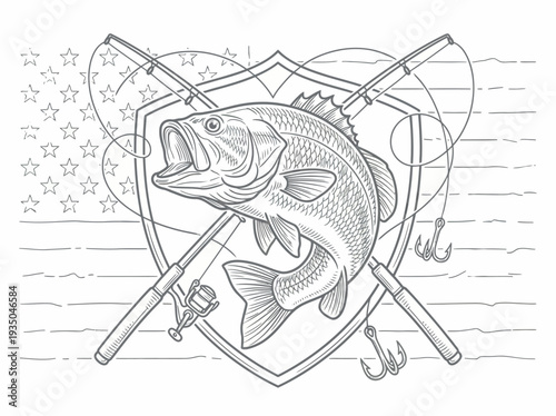Vintage Bass Fishing Illustration with American Flag and Crossed Rods, Patriotic Fishing Tournament Emblem Line Art for Apparel and Decals