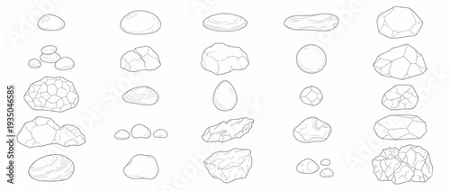 Stone and Rock Line Art Collection, Hand Drawn Sketch Set of Rocks, Boulders, and Pebbles for Landscape Design and Game Assets
