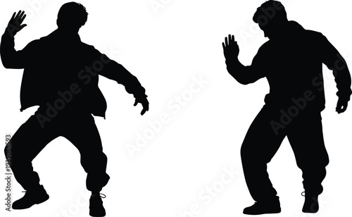 Hip hop male dancer silhouettes performing urban street dance moves, modern freestyle dance action vector illustration isolated on white background