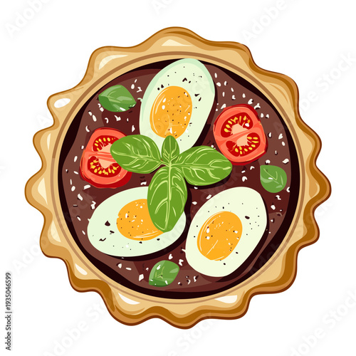 Savory egg tart with cherry tomatoes and green herbs served on a light mint green surface - Vector Illustration