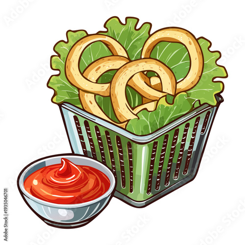 Basket of golden brown onion rings with a bowl of tomato sauce on a green background - Vector Illustration