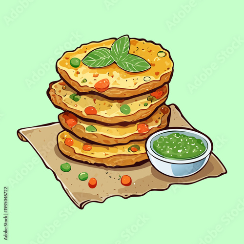 Three layered savory vegetable patties with a side of green dip on a light green tile - Vector Illustration