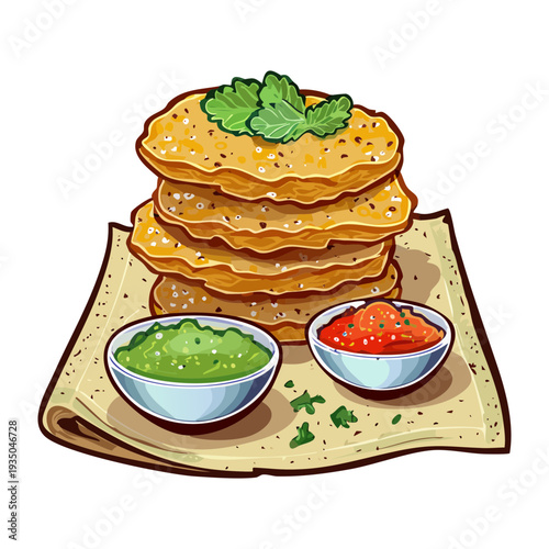 Stack of savory pancakes or fritters served with green and red dipping sauces on parchment paper - Vector Illustration