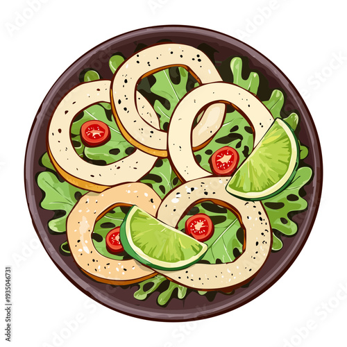 Plate of grilled calamari rings served with fresh lime slices and herbs on a green plate - Vector Illustration