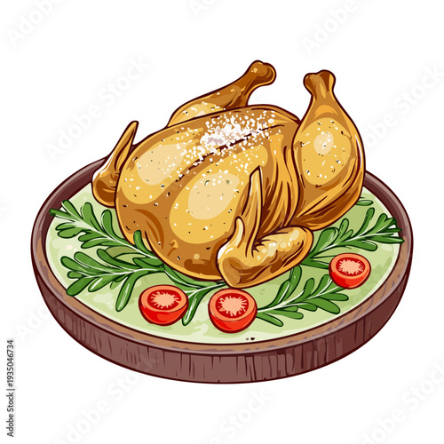 Whole roasted chicken served on a platter with fresh lettuce and herbs for a holiday dinner - Vector Illustration