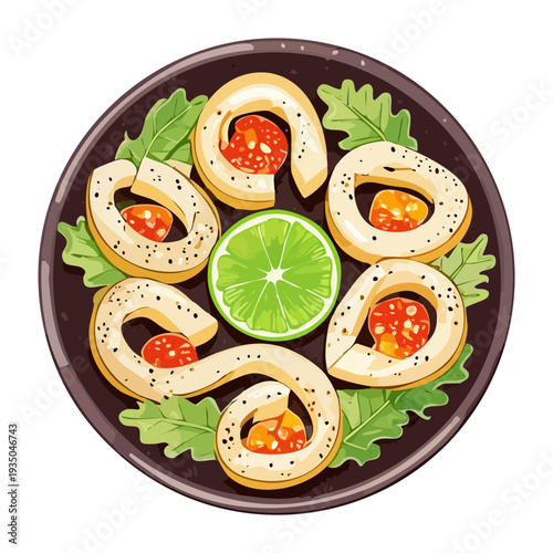 Freshly cooked calamari rings with citrus lime and parsley garnish on a round green serving dish - Vector Illustration