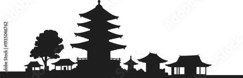 Japanese temple pagoda skyline silhouette with traditional buildings and tree, Asian architecture landscape, black vector illustration isolated