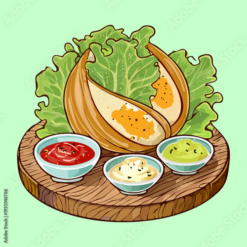 Wooden board holding fried snacks with three different dipping sauces including red green and white - Vector Illustration