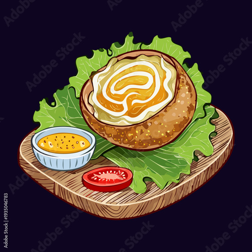 Round bread bowl filled with creamy dip and herbs on a rustic wooden serving board - Vector Illustration