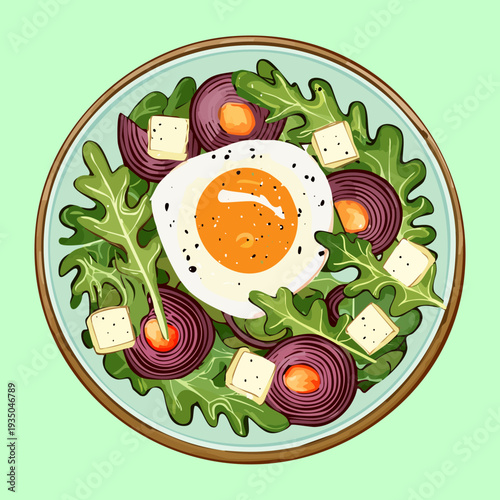 Healthy green salad with a fried egg and tomatoes served on a light green circular plate - Vector Illustration
