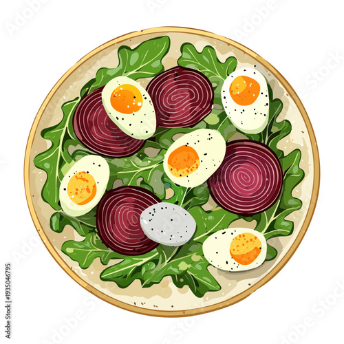 Beetroot and egg salad with radish slices and fresh herbs served in a round green bowl - Vector Illustration