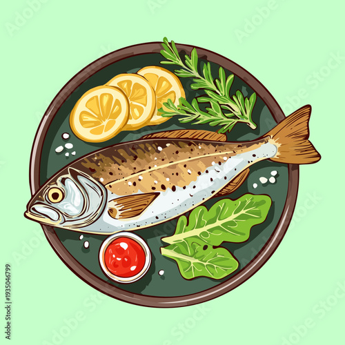Pan fried whole fish with lemon slices and tomatoes served on a green ceramic plate - Vector Illustration
