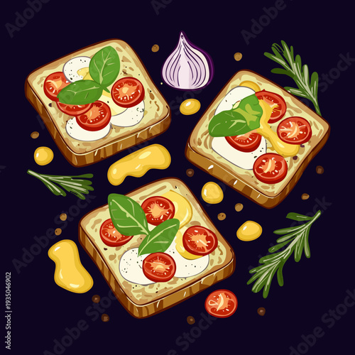 Four pieces of toasted bruschetta with tomatoes and herbs served on a dark square platter - Vector Illustration