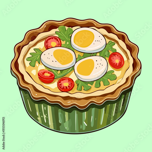 Small tartlet featuring two egg halves and fresh herbs in a fluted pastry shell on green - Vector Illustration