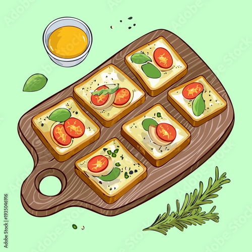 Wooden board holding small open faced sandwiches with herb garnish and a side of oil - Vector Illustration