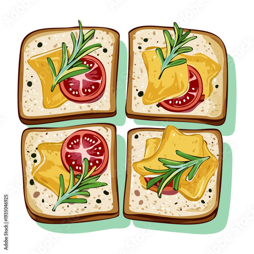 Plate of four toasted bread squares with tomato and herb toppings for a light snack - Vector Illustration