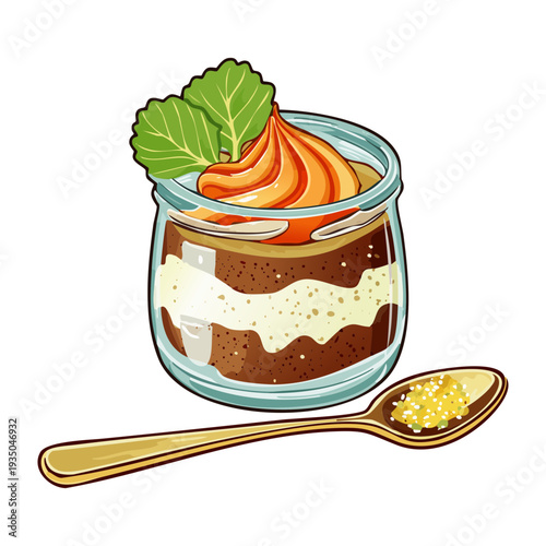 Glass jar containing a layered mousse or pudding with a wooden spoon on a green surface - Vector Illustration