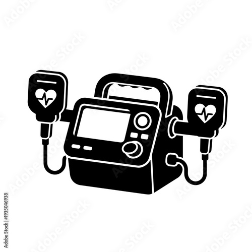 Professional defibrillator device black and white vector icon designed in clean outline style representing an automated external defibrillator used for restoring normal heart
