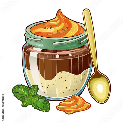 Gourmet layered dessert in a mason jar with a golden spoon and mint garnish - Vector Illustration