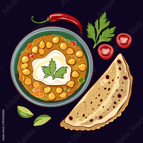 Bowl of spicy bean stew served with flatbread and fresh chili peppers on a dark surface - Vector Illustration
