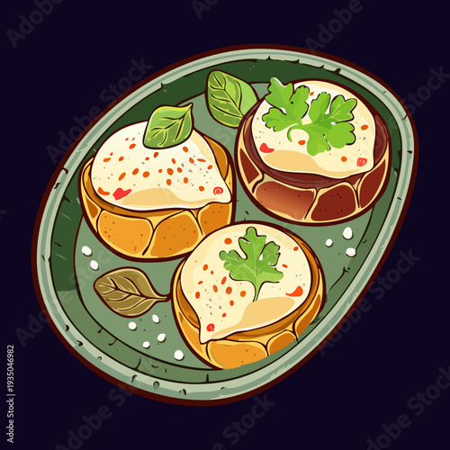 Three toasted bread rounds with creamy topping and herbs served on a dark circular plate - Vector Illustration