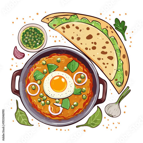 Shakshuka dish with poached egg and tomato sauce served with a side of flatbread - Vector Illustration