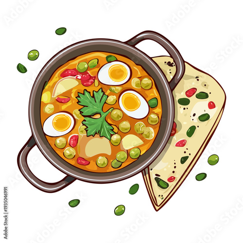 Bowl of warm vegetable soup with whole boiled eggs and a side of flatbread - Vector Illustration