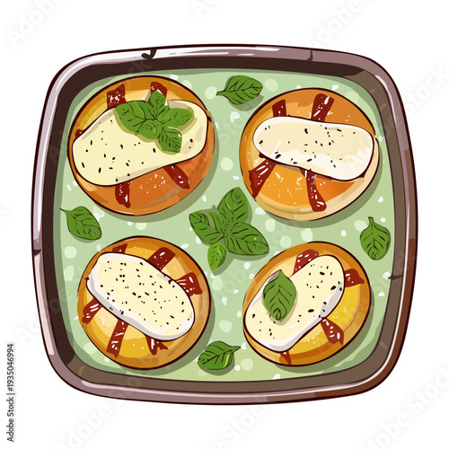 Square tray of four toasted bread bites with melted cheese and herb garnish for appetizers - Vector Illustration