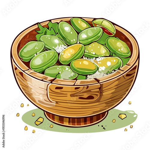 Wooden bowl filled with fresh green broad beans or edamame for a healthy snack option - Vector Illustration