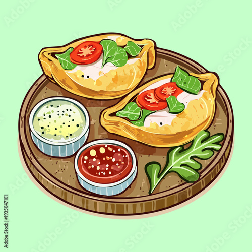 Platter of savory pastries and egg dishes with dipping sauces served on a light green background - Vector Illustration